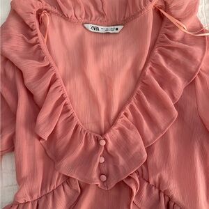 Zara Coral Pink Ruffle V-Neck Blouse